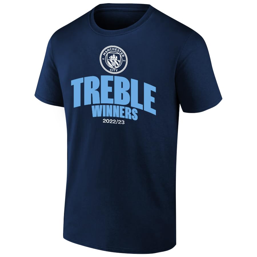 Icon Sports Officially Licensed Manchester City 2023 Treble Winners Adult Champions T-Shirts | Light Blue