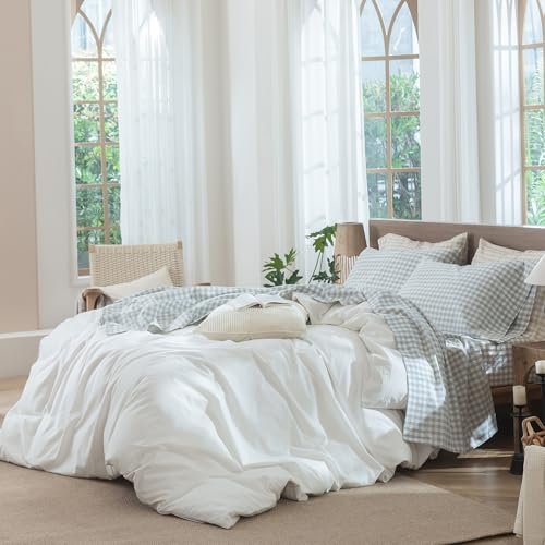 Image of MooMee Gingham Sheet Set 100% Washed Cotton Linen Like Textured Breathable Soft w /Fully Elasticized 16-19 inch Deep Pocket (Classic Gingham Northern Droplet Grey, Queen)
