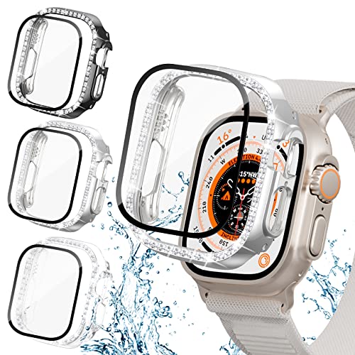 [3+3] Pack for Apple Watch Ultra 49mm Screen Protector Case, Haojavo 3 Pack Waterproof Face Cover Hard PC Protective Bumper Shell + 3 Pack Tempered Glass Film for iWatch Ultra 49mm Accessories