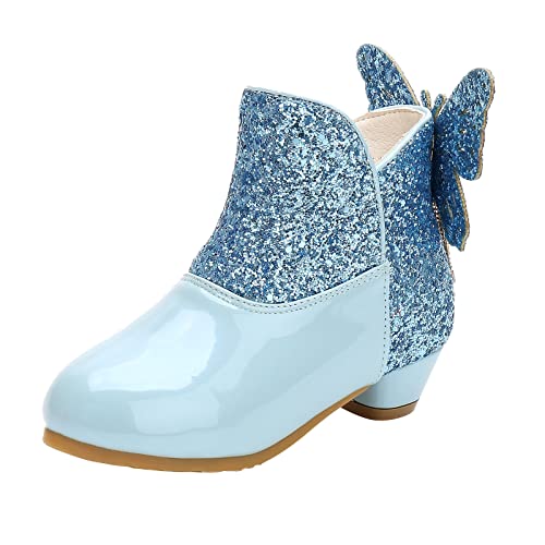 Girls Boys Fashion Ankle Boots Bowknot Side Zipper Low Heel Platform Outdoor Booties Dress Walking Boots Shoes (Blue, 11.5-12 Years Big Kids)