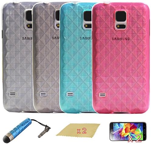 KooJoee(TM) Combo Protective Cases - Bundle of 4 Pieces Diamond Plaid Style Soft Rubber Skin Flexible TPU Gel Cases Covers For Samsung Galaxy S5 / SM-G900 Series + One KooJoee Stylus + Two Screen Protectors + Two Microfiber Cloth, Clear White / Smoke / Light Blue / Light Pink