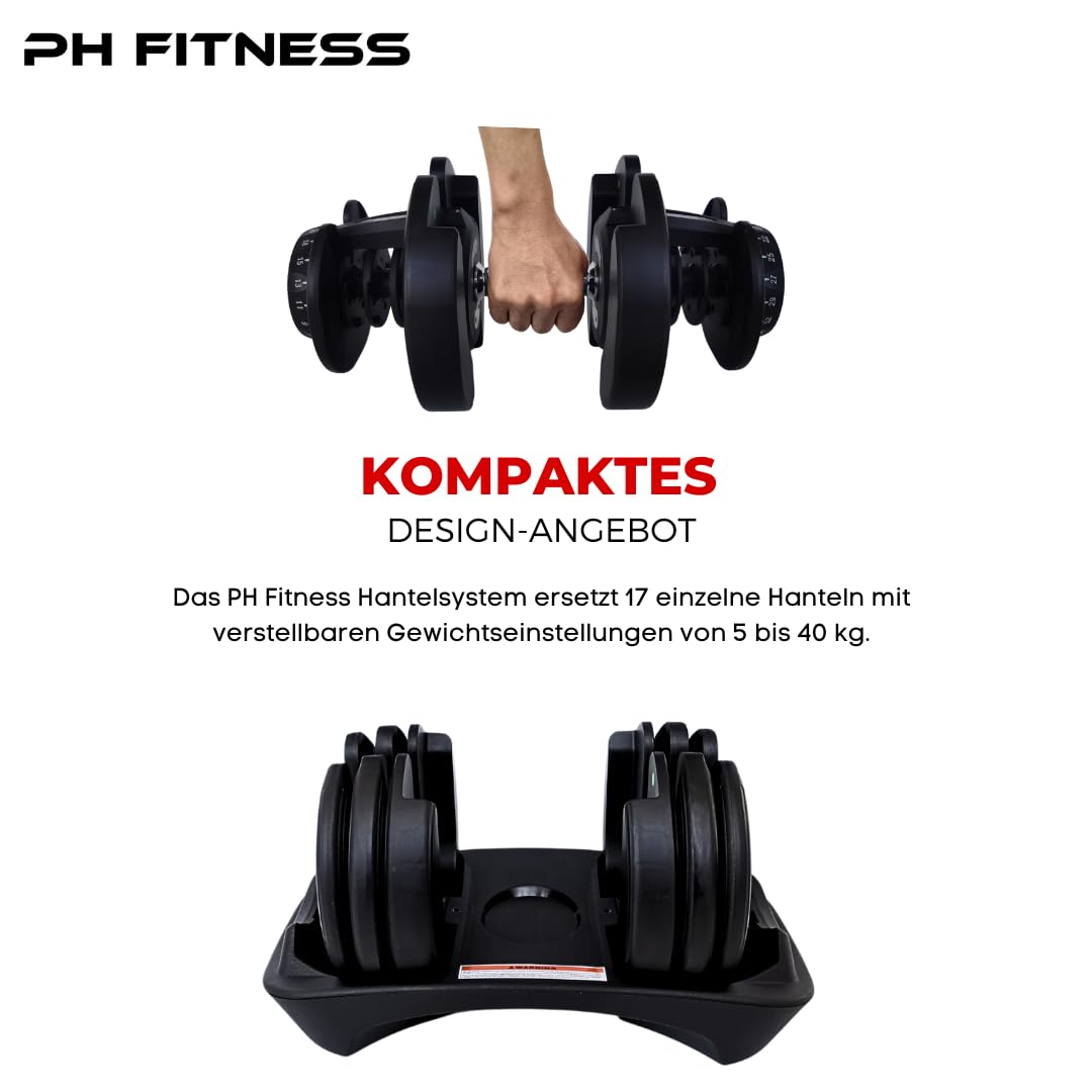 PH Fitness Verstellbares Hantelset - Platzsparendes Hantelset mit 15-17 Gewichtseinstellungen für Heim-Fitnessstudio, Körpertraining, Fitness, Gewichtheben & Workout (2 Stück)