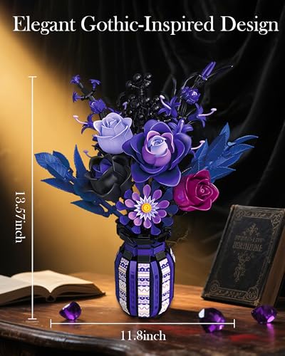 Image of Purple Flowers Building Set with Vase for Adults, Gothic Black Roses Floral Bouquet, Compatible with Lego Botanical Collection, Cool Home Office Decor Mother's Gift for Her, Women, Girls, 14+