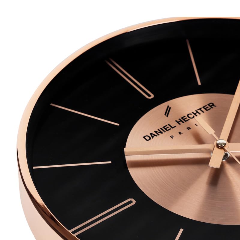 Image of Daniel Hechter Paris Seine Collection Wall Clock, Silent Sweep Non-Ticking,12 inch(30cm) HD Glass Black Dial, Rose Gold Aluminum Face & Metal Frame, Modern Decorative Clock for Home & Office