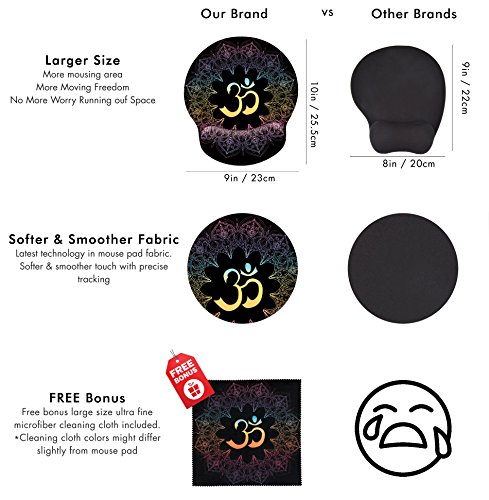 Spiritual Symbols Ohm Mandala Print Ergonomic Design Mouse Pad with Wrist Rest Hand Support. Round Large Mousing Area. Matching Microfiber Cleaning Cloth for Glasses & Screens. Great for Gaming & Work