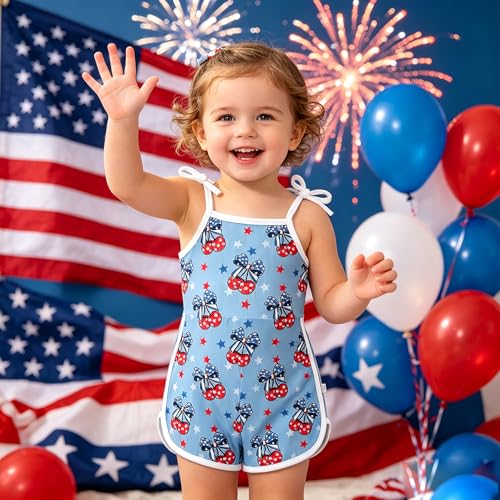 Aimsbveo Baby Girls 4th Of July Romper Spaghetti Strap Toddler Girl Patriotic Shorts Jumpsuit Playsuits Outfits for 4Y — view 2
