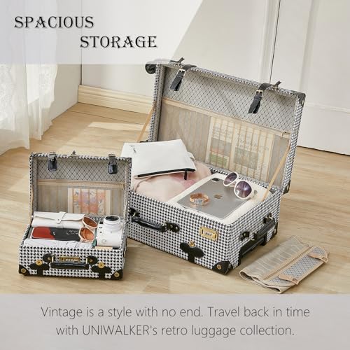 Image of UNIWALKER Vintage Luggage Set of 3, Retro Spinner Trunk with Combo Lock for Women, Cute Designer Travel Suitcase Set with Train Case (26 inch+20 inch+12 inch, grid)