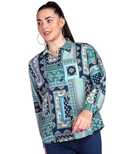 Image of POPWINGS Women Casual Sky Blue Floral Printed Shirt | Collar Button Shirt | Full Sleeve Shirt | Trendy Shirt | Regular Casual Shirt