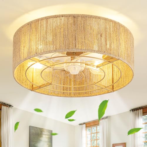 Image of Cage Ceiling Fan with Light,Rattan Ceiling Fan with Light and Remote Control,Enclosed Low Profile Caged Design, 6 Speed Quiet Reversible Motor for Bedroom, Living Room, Porch, Nursery