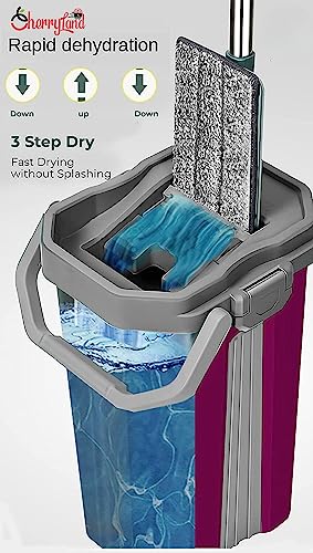 Image of Superior Sturdy and Heavy Quality Floor Mop with Bucket Set, Hands-Free Flat Floor 360 Flexible Mop and Bucket with 2 Reusable Microfiber Pads, Wet and Dry Use, Floor Cleaning Supplies (Wine)