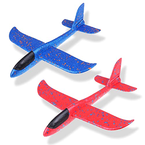 Maigendoo 2 Packs Large Airplane Toy Foam Plane Gliders Manual Throwing Foam Plane Dual Flight Mode Aeroplane Toys for Boys Girls Outdoor Sport Game Kids Birthday Party Favors Red Blue