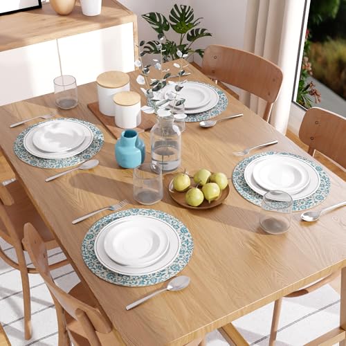 Image of Dining Table Mats Set of 4 | Cotton Table Mat 32 cm Diameter, Encasa XO Washable Round Table Mats, Heat Resistance Dining Table Placemats, Handmade Ribbed Style for Centre Table, Printed Light Blue
