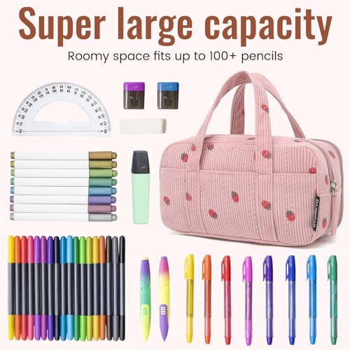 Image of Large Pencil Case Pouch,Extra Big Pencil Bags with Zipper,Cute Corduroy Pencil Pouch with 5 Compartments,Pen Bag Wide Opening,Pencil Pouch Organizer, Pencil Box for Teen Girls Adults (Pink)