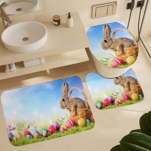 3 TLG Badteppich Set Frühling Sunny Bunny Eggs Ostern Gras Wasserabsorbierend Konturmatte...