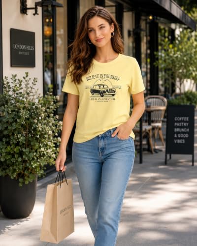Image of London Hills Women's Loose Fit Graphic Printed T-Shirt | Soft Cotton Blend Fabric | Round Neck Half Sleeve Casual Top, Travel & College