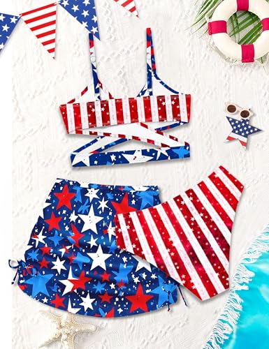 Image of Girls Swimsuits 3 Piece Bathing Suit Allover Printed Criss Cross Bikini Set with Cover Up Skirt Beach Swimwear 7-16 Years