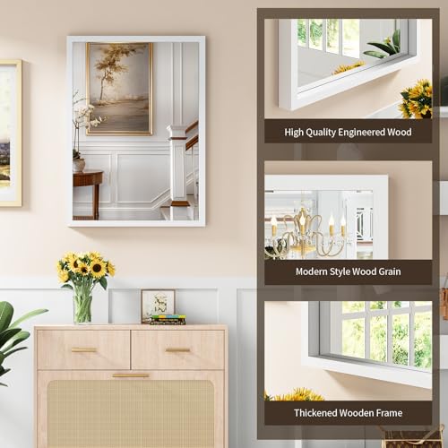 Image of Syndra White Wood Frame Bathroom Mirror, 22''x30'' Modern Vanity Mirror for Wall, Waterproof Slim Deep Frame, Rectangular HD Tempered Glass Mirror for Living Room, Bedroom, Entryway, Rustic, Farmhouse