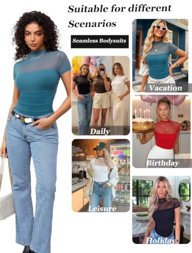 Image of Avidlove Women's Short Sleeve Bodysuit Turtle Neck Body Suits Mesh One Piece Leotard Going Out Tops Date Outfits