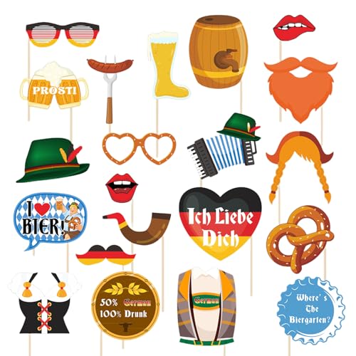 Samuliy Accesorios para fotomatón del Oktoberfest - 21 accesorios de cerveza alemana Oktoberfest, temática de cerveza salchicha, sombreros y vasos, decoraciones del Oktoberfest