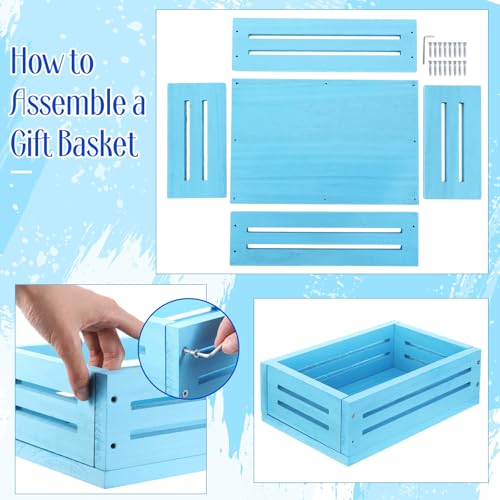 Image of Wonderjune Wooden Baskets for Back to School Gifts Empty Wood Basket with Cellophane Bag Ribbon Greeting Card for Birthday Baby Shower Wedding Housewarming Gifts Packaging(Blue,Small)