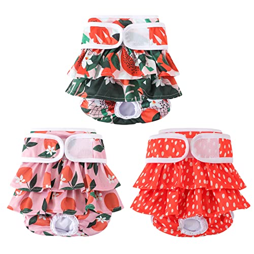 Image of Reusable Dog Diapers Female 3 Pack Washable Premium Highly Absorbent Doggie Diapers, Flexible Puppy Diapers, Durable Leak-Proof Fruit Dog Diapers for Period Heat Incontinence Puppy Training, XS