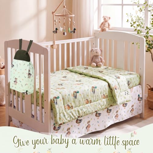 Image of Hahafelt 4 Pieces Crib Bedding Set for Girls and Boys, Soft Baby Bedding Set Including Crib Skirt, Comforter, Sheet and Diaper Stacker for Nursery (Mallard Duck)