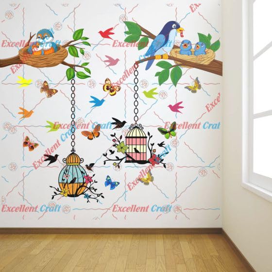 Delight Art Beautiful Butterfly-Birds-Tree-Hanging Cages Design Wall Sticker Size - (96 * 79) cm Model id - (DAMC01049L)