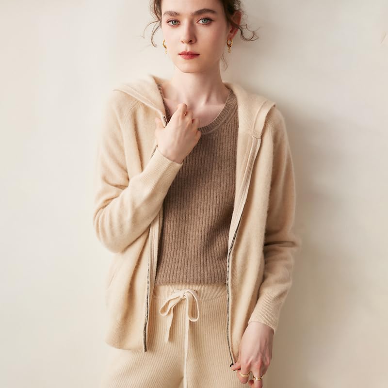 Women's Fall and Winter 100% Cashmere Zipper Open Long Sleeve Hoodie4