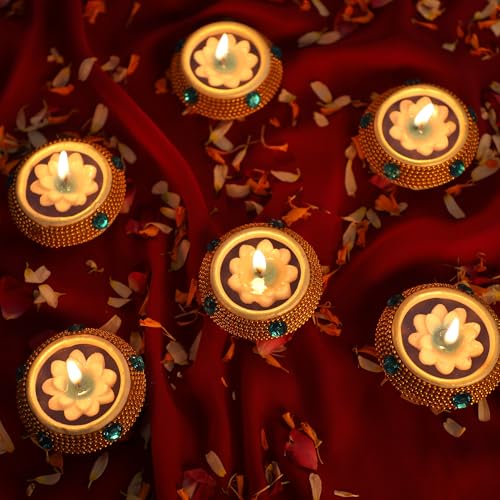 6 Pc Set Decorated Golden Clay MATKI with Blue and