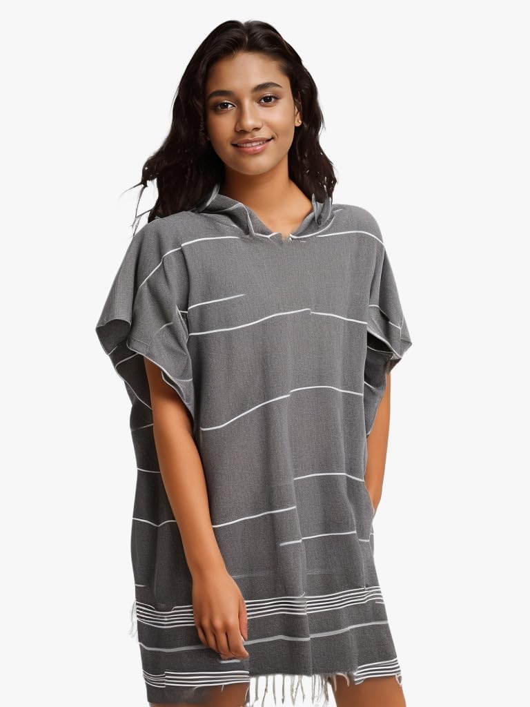 1pcs Turkish Towel Poncho Turkish Cotton Surf Poncho Changing Towels Swim Robe with Pocket Swim Cover Up Wearable Towel Hooded Beach Towel for Adult Man Women Beach Pool (Dark Grey, M) - Image 3