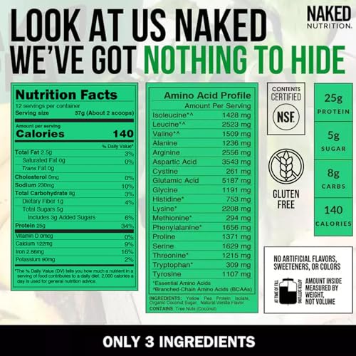 Image of NAKED Vanilla Pea Protein Isolate from North American Farms, Only 3 Ingredients, Vanilla Vegan Protein, Gluten-Free, Soy Free, GMO Free - 1LB (Pack of 2)