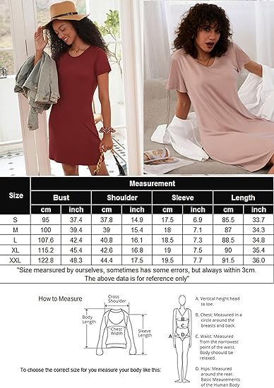 Ekouaer Nachthemd Damen Zweiteiliger Sleepshirt Kurzarm Nachtwäsche Schlafhemd Leicht Schlafshirt, 2er Pack, S-XXL