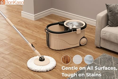 Image of Bonkaso Spin Mop with Stainless Steel Wringer & Big Wheels | 360 Rotating Mop, Adjustable Handle | Easy Floor Cleaning Bucket Set with 2 Microfiber Refills - Beige & Black (46 x 26.5 x 23 cm)