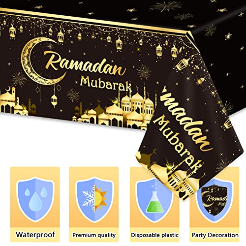 Image of 1PC Ramadan Mubarak Tablecloths Eid Mubarak Table Decorations Ramadan Kareem Party Supplies Black and Golden Rectangle Table Cover for Eid Al-fitr Party Favors