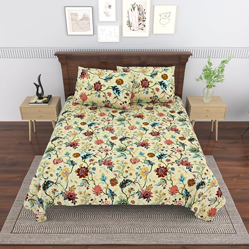 Image of Mafatlal Saanjh 144 TC Summer Cotton Bed Linen Double Bed 95x108 Inch | Breath Easy Structure | Smooth Durable Surface | Block Printed |Pillowcase Included | Prime Yellow Bright Appeal