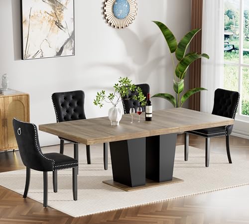 Image of 5 Piece Extendable Dining Table Set, Farmhouse Extendable Dining Table Set for 4, 78.74 inch Rustic Wooden Expandable Kitchen Table and Black Velvet Chairs Set of 4, Expanding Dining Room Table Set for 4