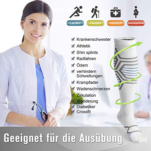 Fiream 2 Paar Kompressionsstrümpfe/Compressionsocks/Kompressionssocken für Damen und Herren,Sport,Laufen,Reisen,Blutzirkulation, Schwangerschaft & Medizinische 20-30 mmHg(Weiß1,S) - 6