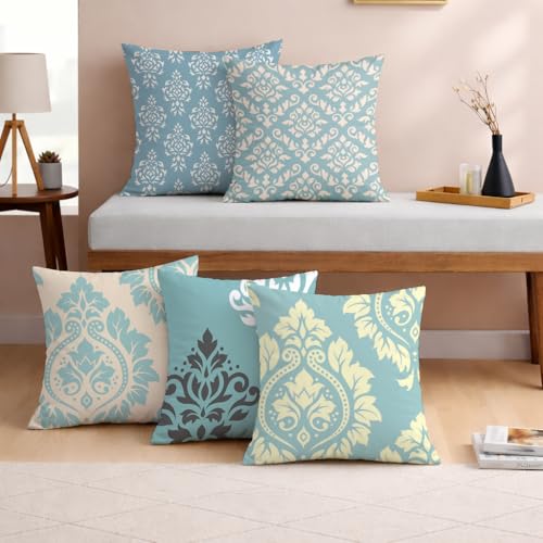 STITCHNEST Set of 5 Polycotton Cushion Covers – 24x24 Inches – Teal & Cream Ethnic Damask Print – Elegant Cushion Covers for Sofa, Couch & Living Room | Perfect for Home Decor