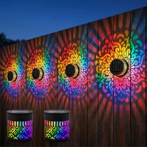 Lscsdf Seven-Color Changing Solar Mandala Projection Wall Light Decorative Solar Mandala Lights Outdoor Waterproof Metal Fence Lights for Yard Garden Post Patio Backyard Decor (2pcs)
