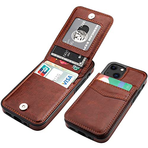 KIHUWEY Compatible with iPhone 13 Mini Case Wallet with Credit Card Holder Premium Leather Magnetic Clasp Kickstand Heavy Duty Protective Cover for iPhone 13 Mini 5.4 Inch(Brown)