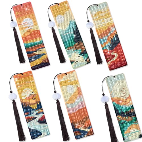 Sitsink Scenery Diamond Art Bookmarks - 6 Pcs Sunset Diamond Painting Bookmark Kits with Tassels Sunrise DIY Gem Art Rhinestone Crafting Kit for Adults Women