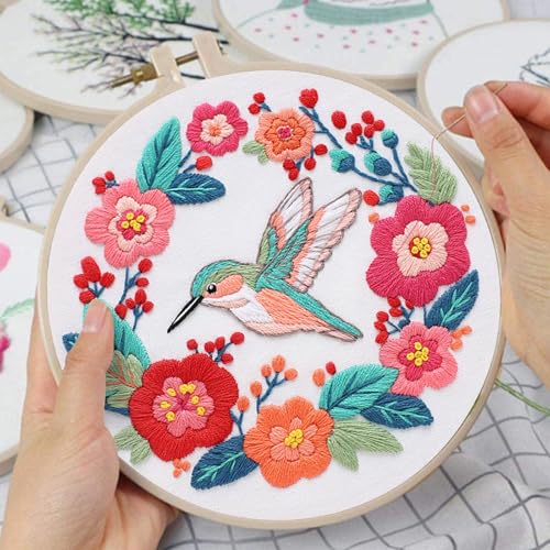 Image of Louise Maelys Hummingbird Embroidery Kits for Beginners,Cross Stitch Kit for Adults,DIY Needlepoint with Flowers Pattern