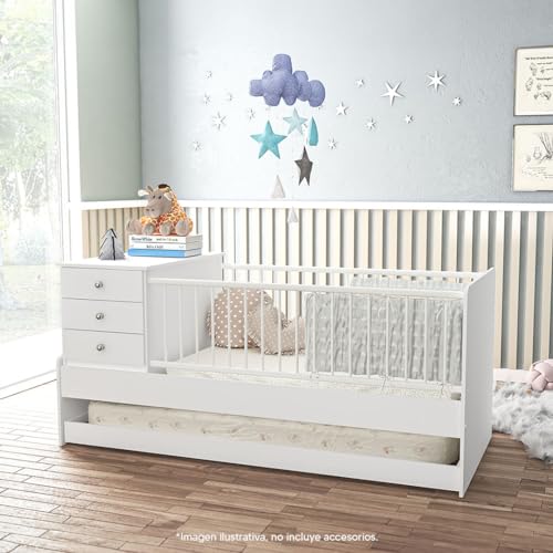 MOBI Cuna Bicama Individual de Madera Modelo Toronto Color Blanco Largo 193 cm Recamara