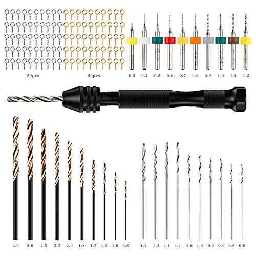 Hand Drill Bits Set Pin Vise Hand Drill 21 Pieces Micro Twist Drill Bits and 10 Pieces PCB Mini Drill Bits with 100PCS Screws for Resin Polymer Clay Craft DIY Jewelry