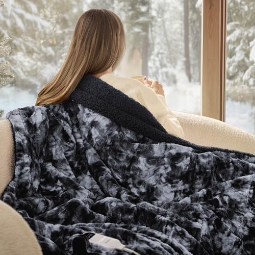 Image of Bedsure Faux Fur Heated Blanket Throw Blanket, Fast Heating Electric Blanket with 6 Heating Levels & 4 Time Settings, Cozy Gifts for Women Men (50x60 inches, Black)