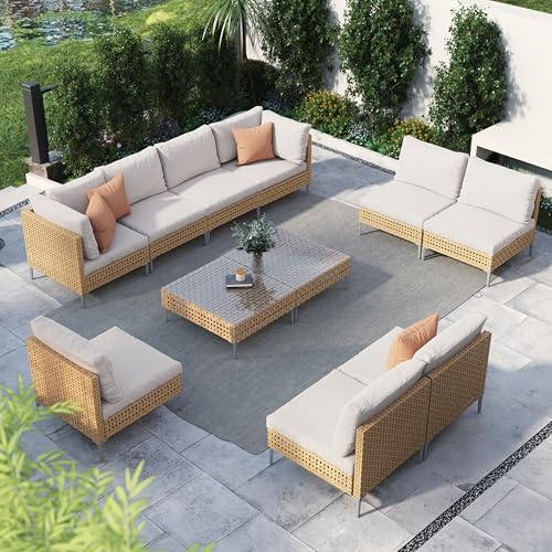 Grand patio 11-Piece Wicker Patio Furniture Set, Boho Outdoor Conversation Set Sectional Sofa with Water Resistant Beige Thick Cushions and Coffee Tab
