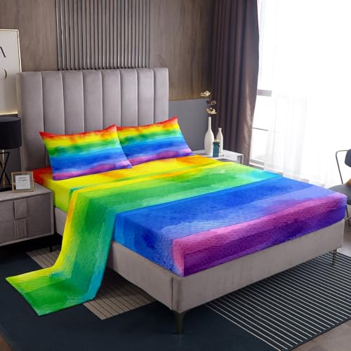 Rainbow Printed Sheet Set Abstract Watercolor Fitted Sheet Pastel Colorful Bedding Set for Kids Teens, Luxury Room Decoration 4Pieces Bedding Decor Set(1 Fitted, 1 Flat, 2 Pillowcases), Queen Size