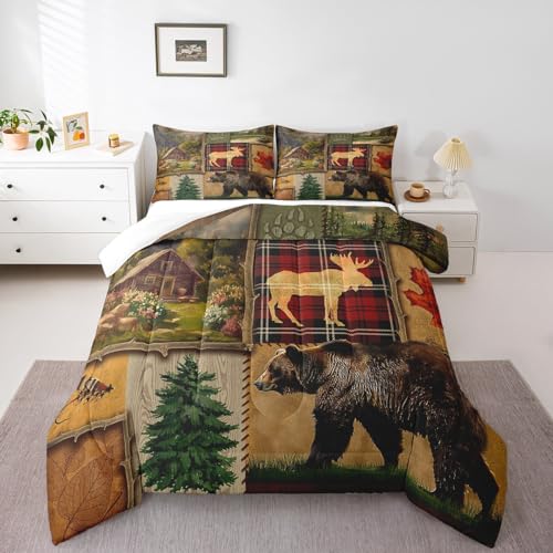 Manfei Wildlife Hunting Comforter Set Queen Size, Cartoon Deer Bear Quilt Set with 2 Pillowcases, Wild Animal Theme Bedding Set 3pcs for Kids Boys Teens Bedroom Decor, Rustic Duvet Insert