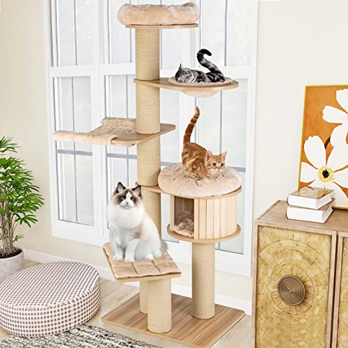 Image of Tangkula Modern Cat Tree, 6-Tier Multi-Level Cat Tower with Cat Condo, Hammocks & Hanging Basket, Tall Cat Tree with Sisal Posts, Washable Cushions, Natural 75''