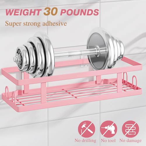 Image of Youvip Adhesive Shower Caddy,Shower Shelves with Soap Holder and 12 Hooks,No Drilling Bathroom Organizer and Storage,Pink,3 Pack